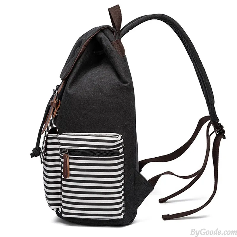 Double Belts Striped School Rucksack Lightweight Stripe Laptop Backpack Student Bookbags Teens Canvas Backpack