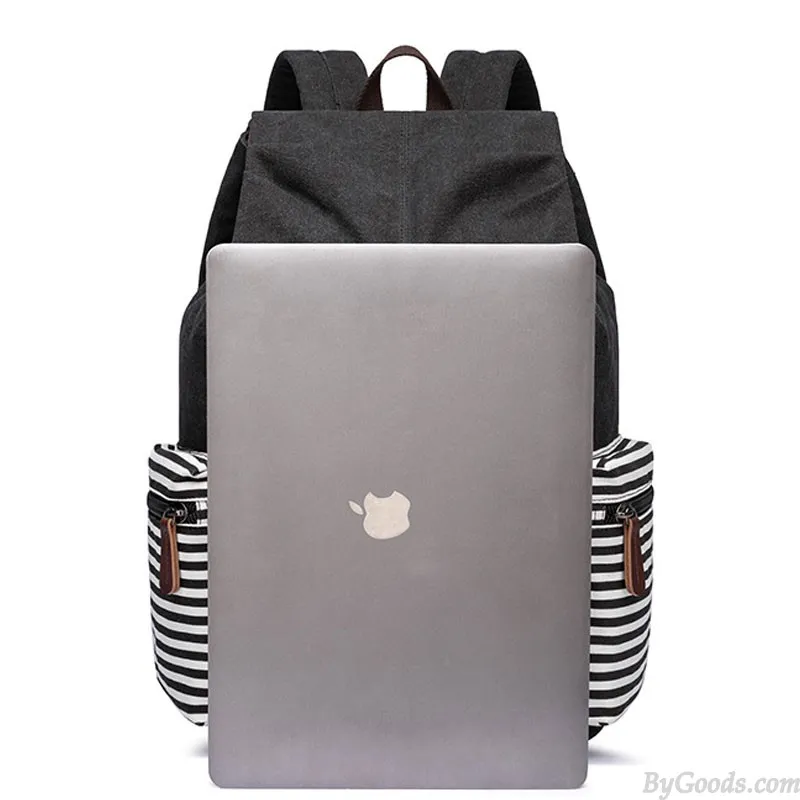 Double Belts Striped School Rucksack Lightweight Stripe Laptop Backpack Student Bookbags Teens Canvas Backpack