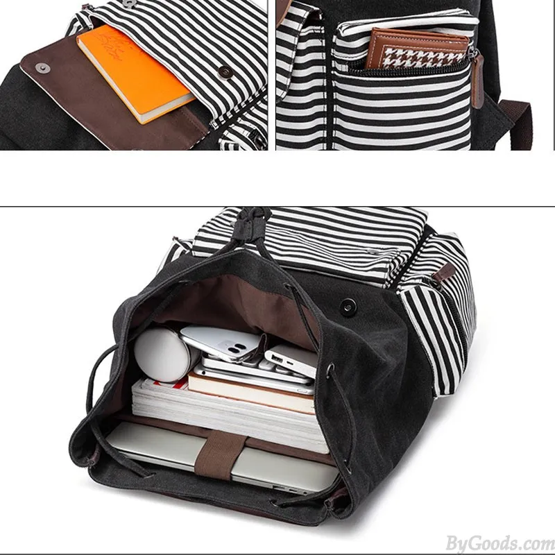 Double Belts Striped School Rucksack Lightweight Stripe Laptop Backpack Student Bookbags Teens Canvas Backpack