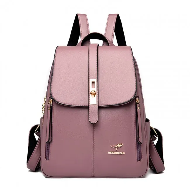 Elegant Single Buckle Women Backpack Double Side Zippers Design Daypack College Backpack PU Leather Casual Backpack