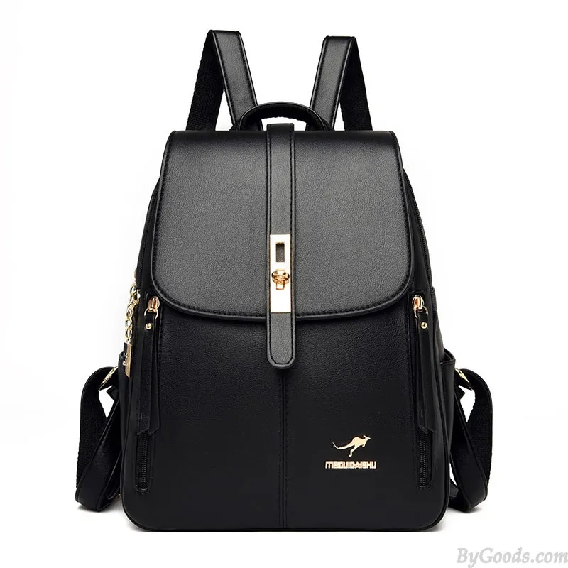 Elegant Single Buckle Women Backpack Double Side Zippers Design Daypack College Backpack PU Leather Casual Backpack