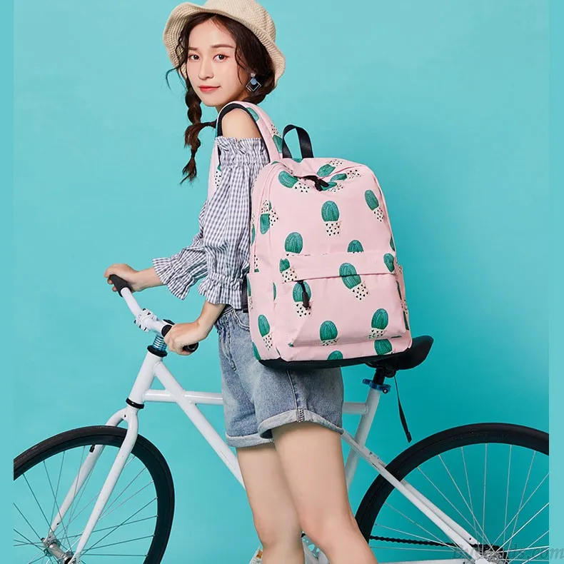 Fresh Cactus Print Water Resistant High Student Backpack Junior School Bag College Backpack