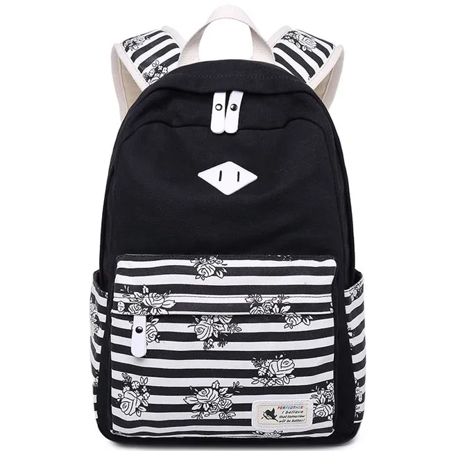 Fresh Large Travel Striped Canvas School Backpack Retro Stripes Flowers Student Backpack