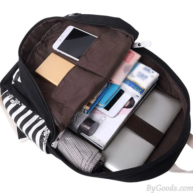 Fresh Large Travel Striped Canvas School Backpack Retro Stripes Flowers Student Backpack