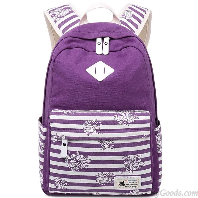 Fresh Large Travel Striped Canvas School Backpack Retro Stripes Flowers Student Backpack