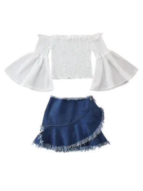 Girls Kid Summer Outfits Off Shoulder Tops Bell Sleeve Tassel Jeans Skirt Set