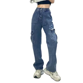 High-waist Straight Cut Vintage Jeans with Fashionable Large Pockets