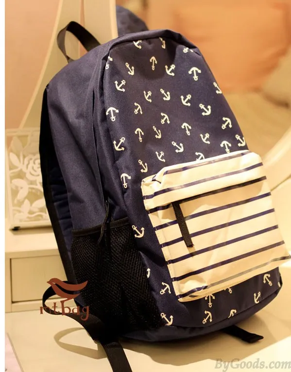 Navy Striped Anchor Print Backpack & School Bag