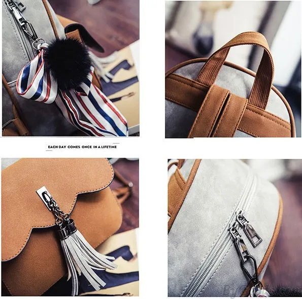 Retro Contrast Color Frosted Girl's Bag Tassel Splicing School Backpack