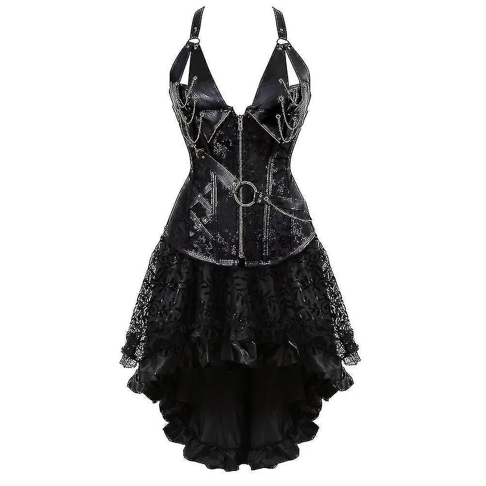 Steampunk Corset Dress Women Gothic Faux Leather Corset With Asymmetric Lace Skirt Set S-6xl