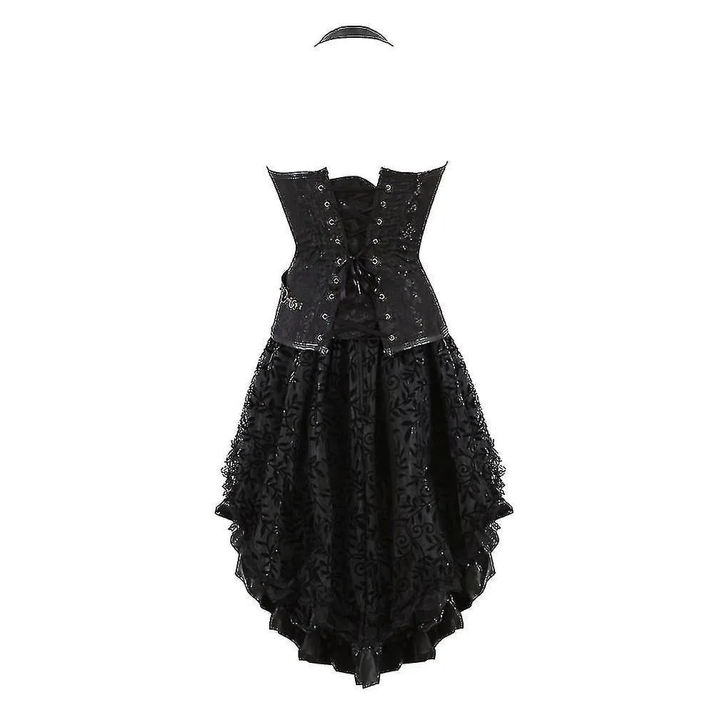 Steampunk Corset Dress Women Gothic Faux Leather Corset With Asymmetric Lace Skirt Set S-6xl