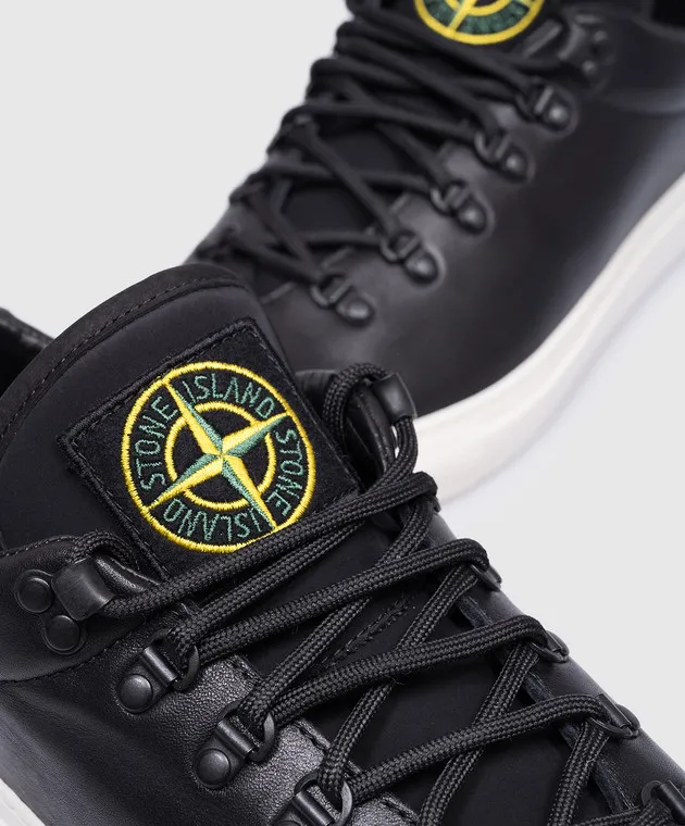 Stone Island Black leather sneakers with logo patch
