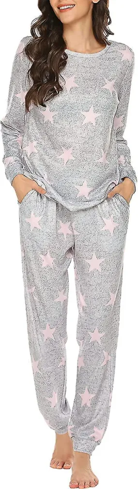 Womens Pajama Set Long Sleeve Sleepwear Star Print Nightwear Soft Pjs Lounge Sets With Pockets